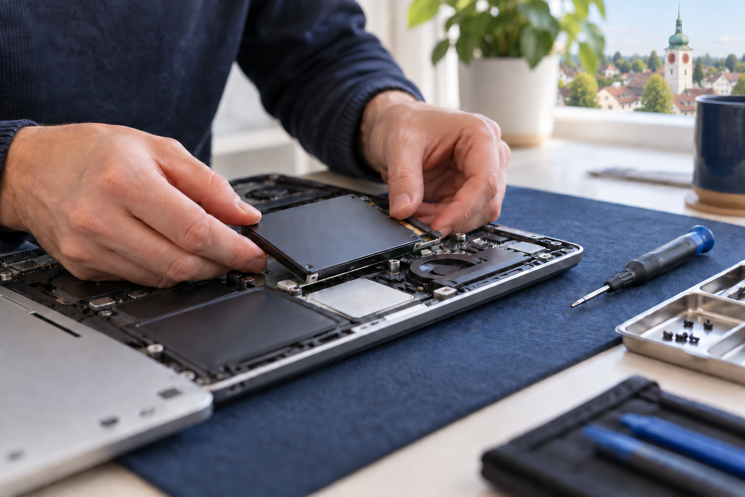 SSD-Aufrüstung an einem geöffneten Notebook