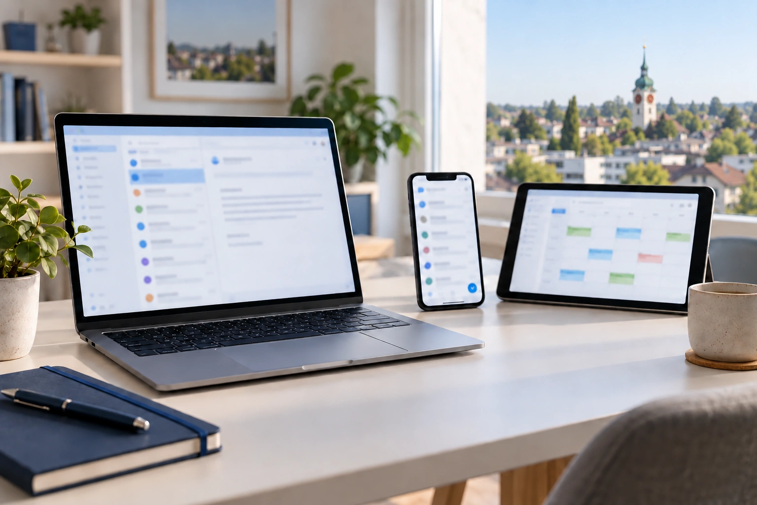 Laptop, Smartphone und Tablet mit synchronisierten E-Mail- und Kalenderdaten