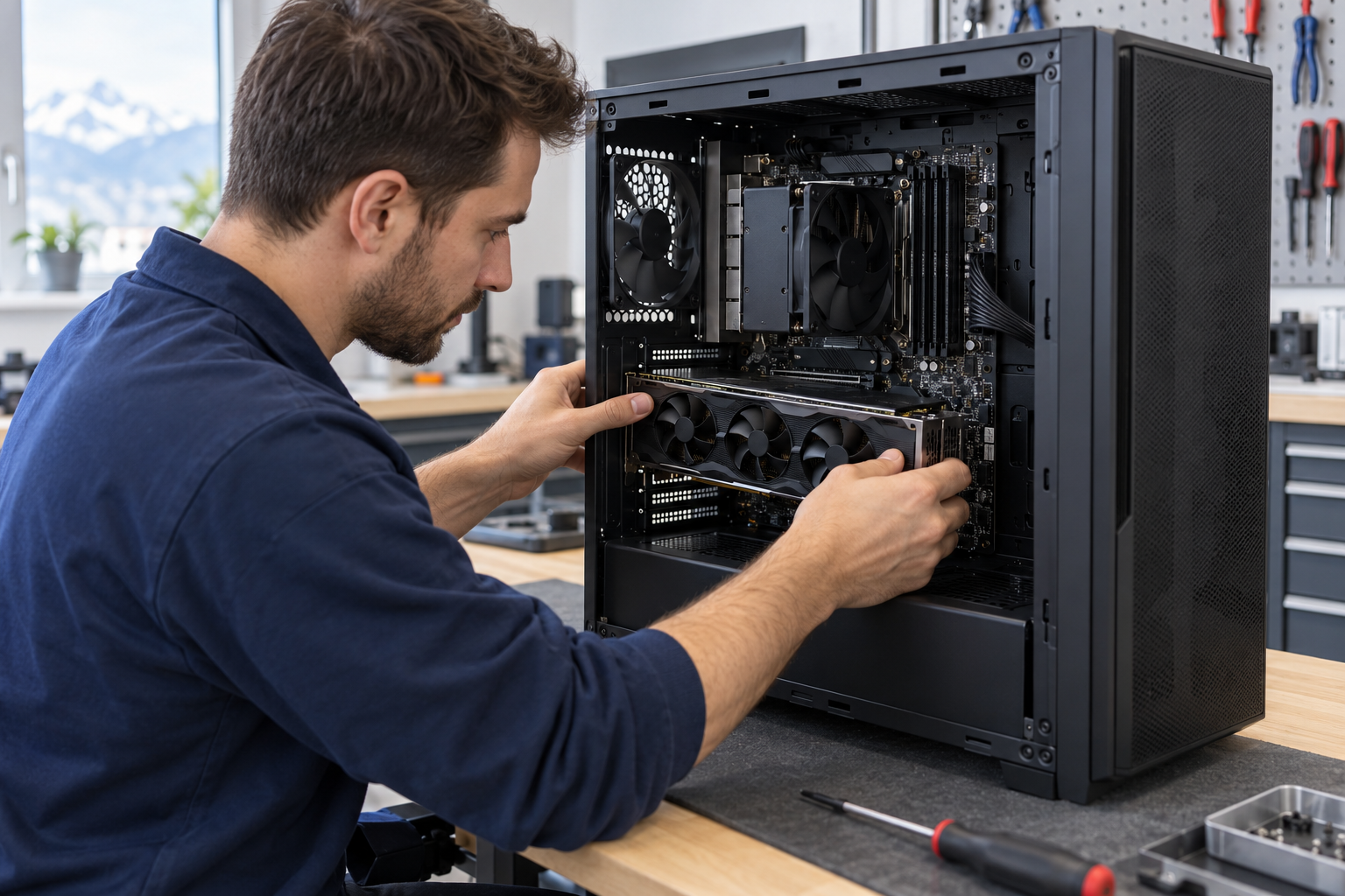 Grafikkarte wird in einen PC-Minitower eingebaut